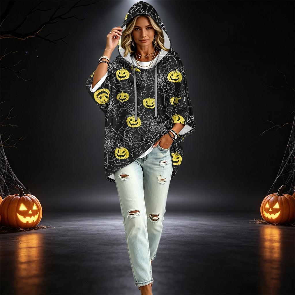 Women's Three-Quarter Sleeve Hoodie with Halloween Print Pullover Top