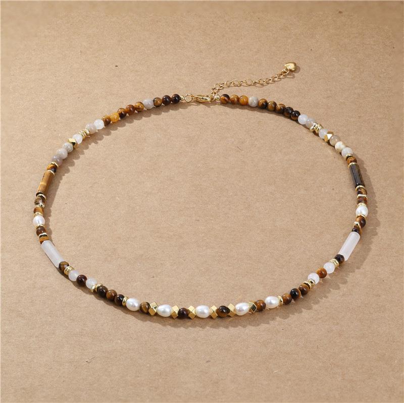 Arvaleff Women's Tiger Eye & Pearl Beaded Necklace - Personalized Natural Stone Design