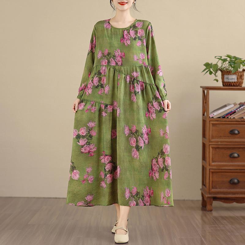 DIMANAF Ny 2025 Dam Plus Size Vår Lång Klänning Lös Basic Vintage Oversize Långärmad Maxi Blommig