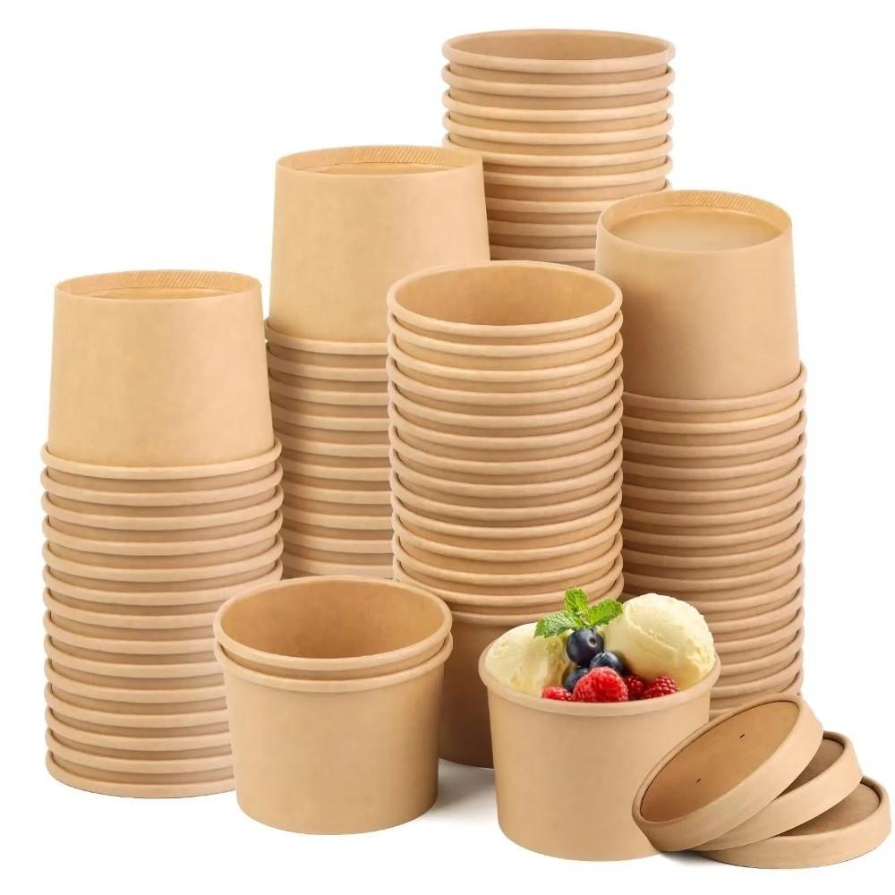 10PCS Disposable Takeaway Packing Boxes with Lid Round Paper Soup Bucket Kraft Paper Lunch Box