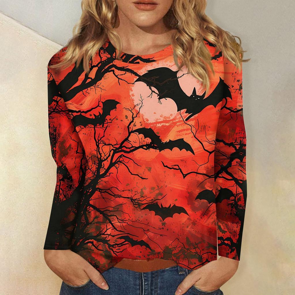 

Fashionable 3D digital printed Halloween bat pattern women s round neck long sleeved T-shirt S