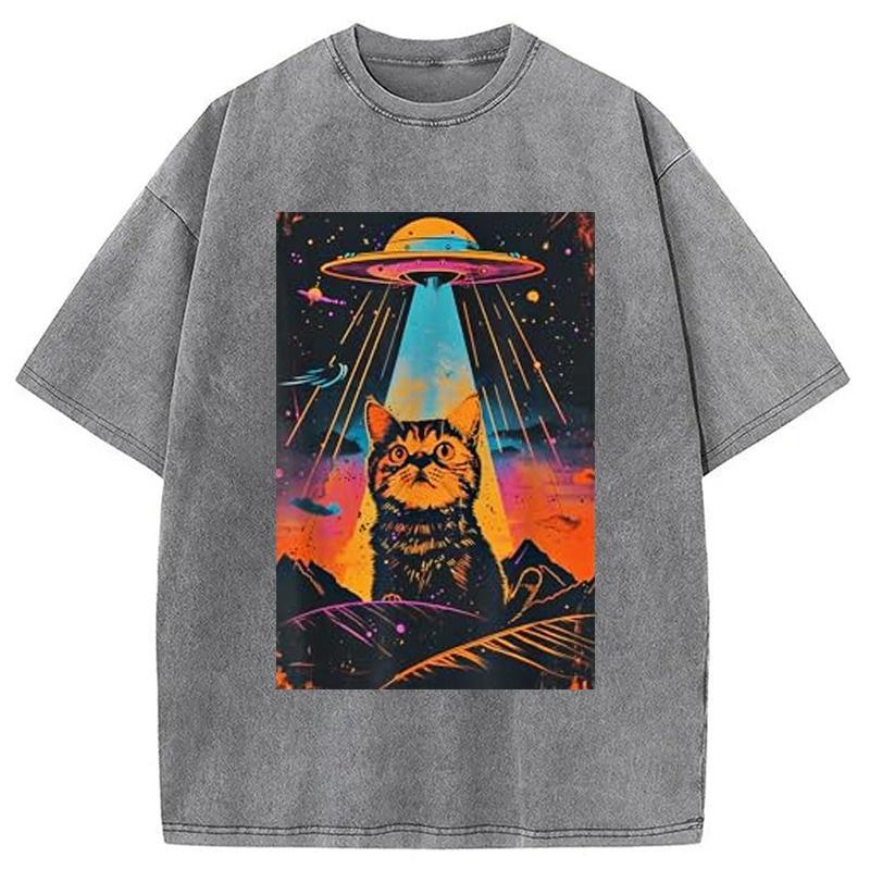 Catzilla Vintage Funny Cute Cat Washed T-Shirt Unisex Anime Printing Short Sleeve Holiday Summer Dropped Shoulder Oversized