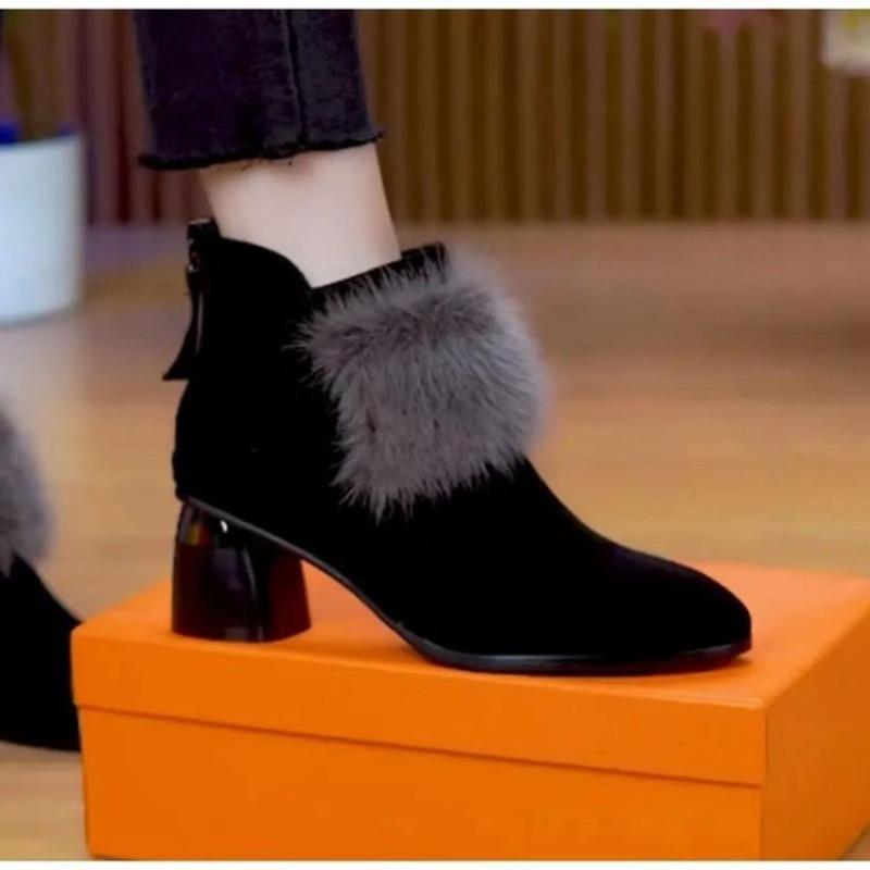 Elegant Women's Boots Ankle Flock 2026 New Autumn/Winter Fashion Frusted Short Plush Cotton Shoes Square Heel Women Shoes