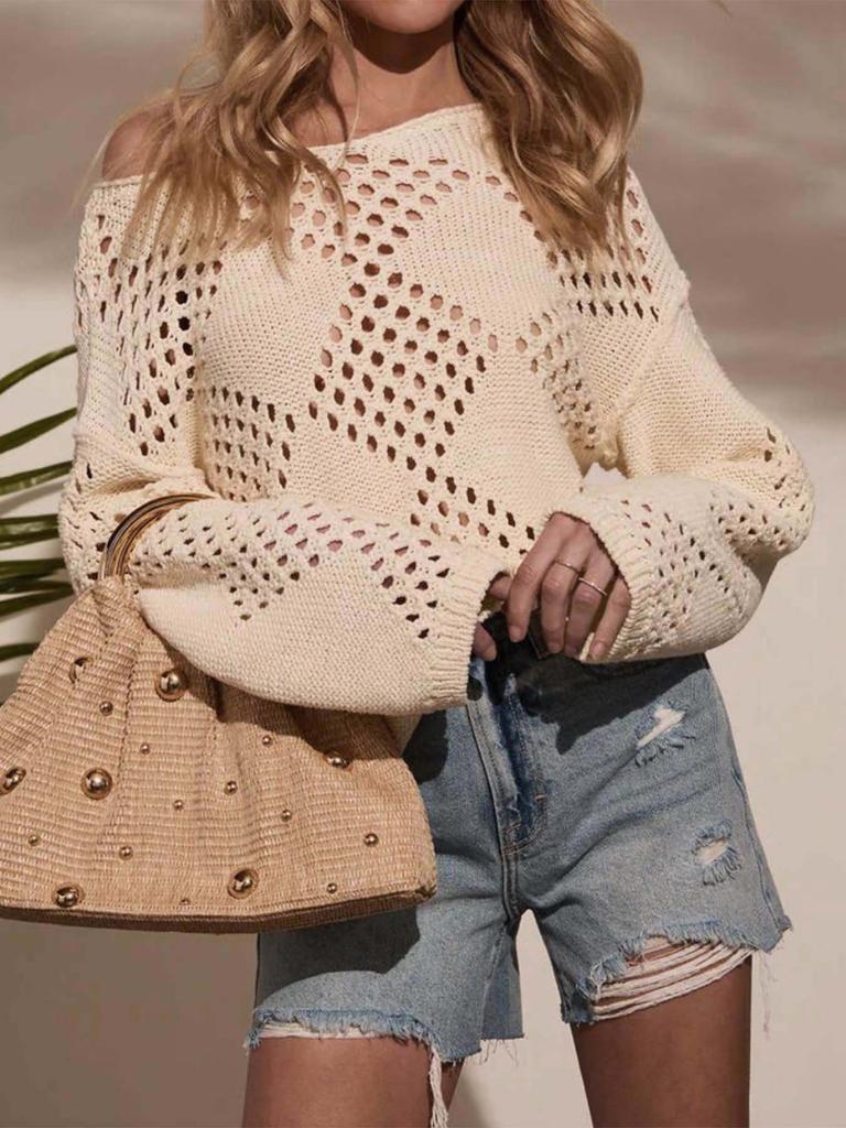 2025 Autumn New Collection, Women's Wear, Hollow Out, One Piece Neck, Off Shoulder Long Sleeve, Knitted Sweater, Flaw Design, Creative Sweater