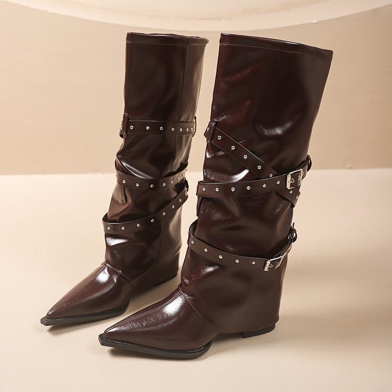 Fashion Temperament High Boots Autumn New Pointed Toe Sleeve Belt Buckle Non-slip Wear-resistant Block Heel Single Boots