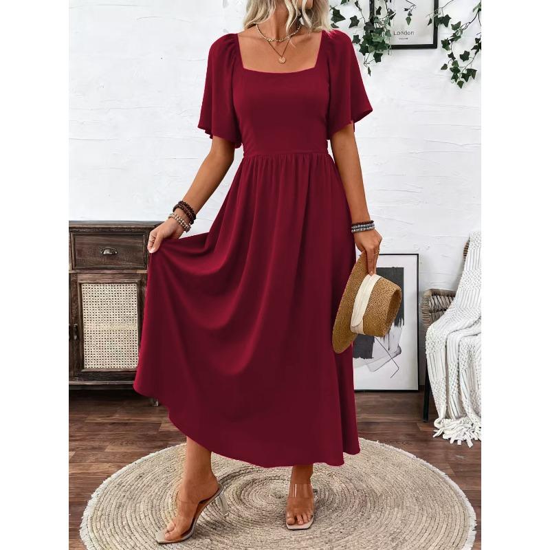 JPNTKY Fashion Summer Spring Solid Color Print Square Collar Short Sleeve Casual Dresses
