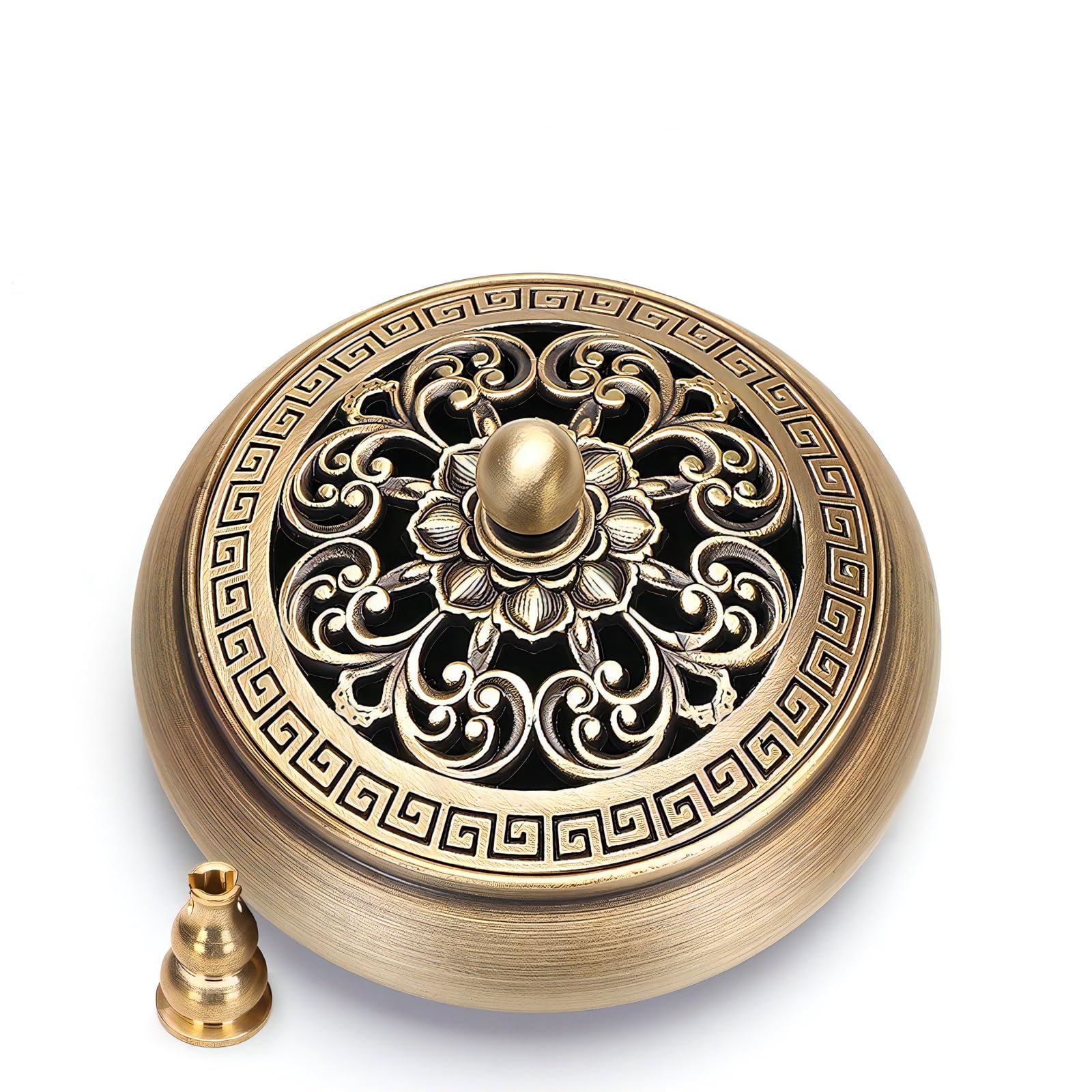 

azumafy Incense Burner, Incense Holder, Incense Burner Dish, Copper, Antique Style, Round, Incense Holder, with Lid, Stylish Interior Decor, Tea