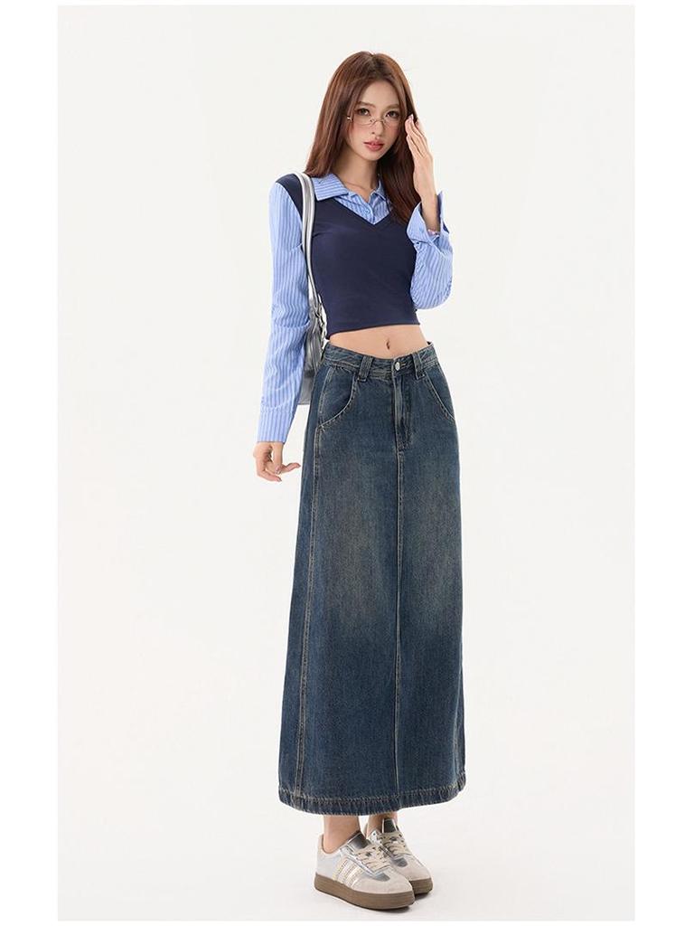 American Retro High Waist A-Line Denim Skirt with Slit and Patchwork - Spring 2026 Collection