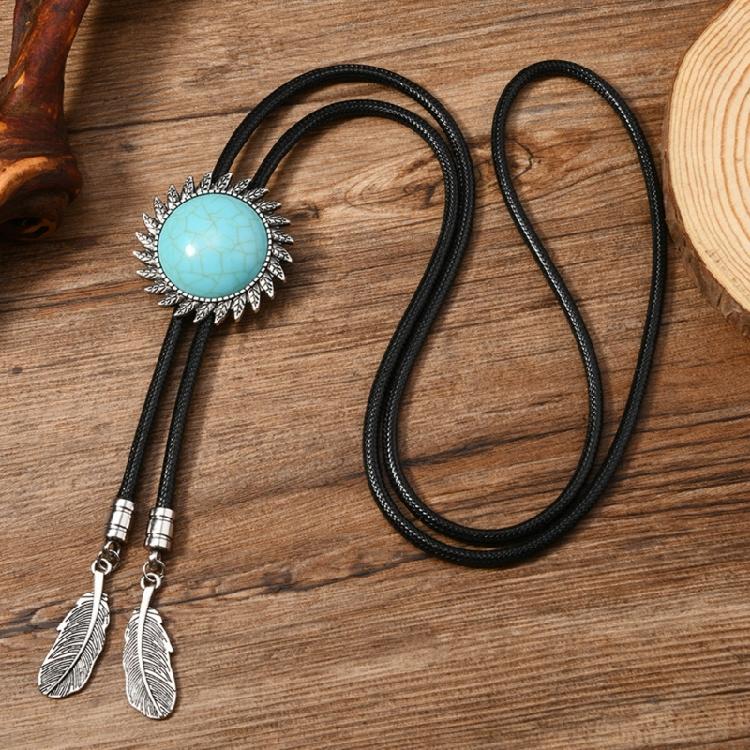 Men Women Western Cowboy Bolo Tie Vintage Floral Stone Pendant Jewelry Leather Rope Necktie Tie Metal Feathered Necklace
