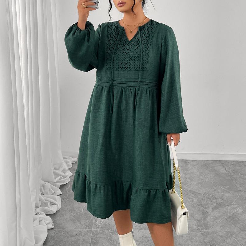 This Dress Features A Patchwork Design, Loose Puffed Sleeves and A High-waisted Cutout