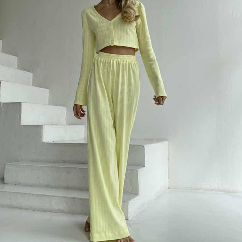 Causal Solid V Neck T-shirt Pants Suit Long Sleeve Crop Top Elastic Waist Wide Leg Pant Sets Spring Homewear Outfit