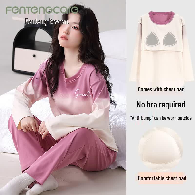 FENTENGCARE Women s Pure Cotton Pajama Set with Chest Pads XL
