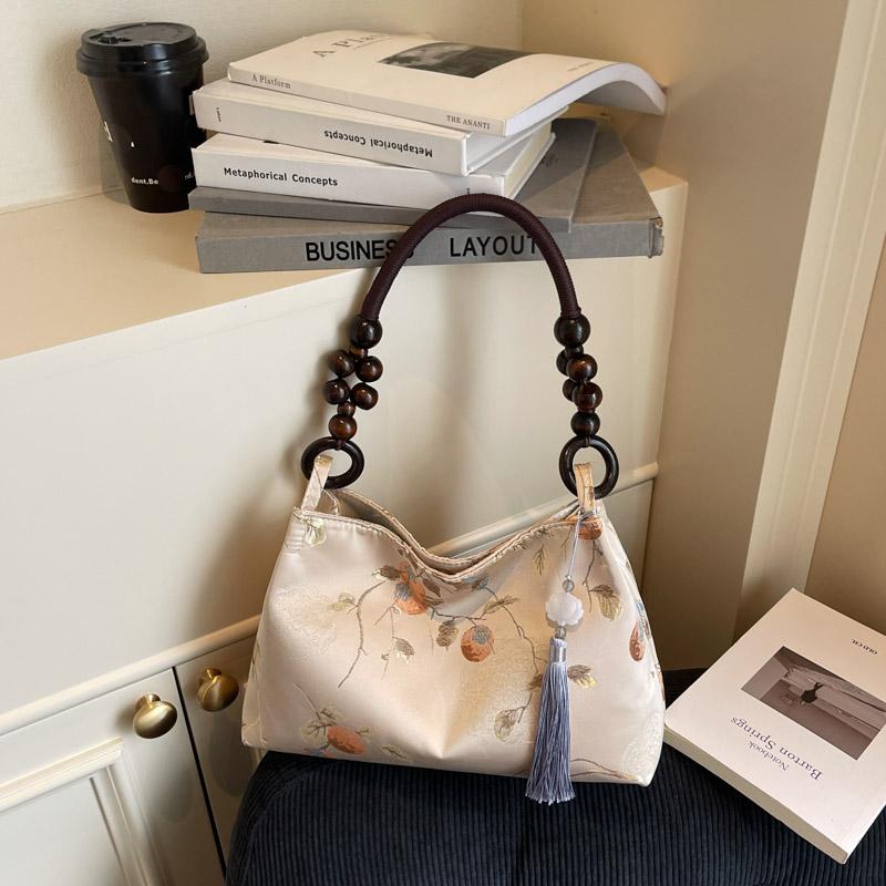 Retro Beige Embroidery Handbag Women Beaded Handle Large Capacity Shoulder Bag Ladies Elegant Luxury High End Underarm Bags