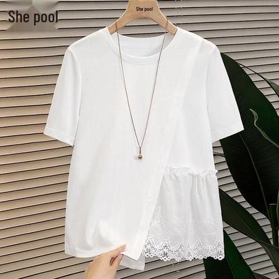 Damen-T-Shirt mit Spitzen-Patchwork, kurzärmelig