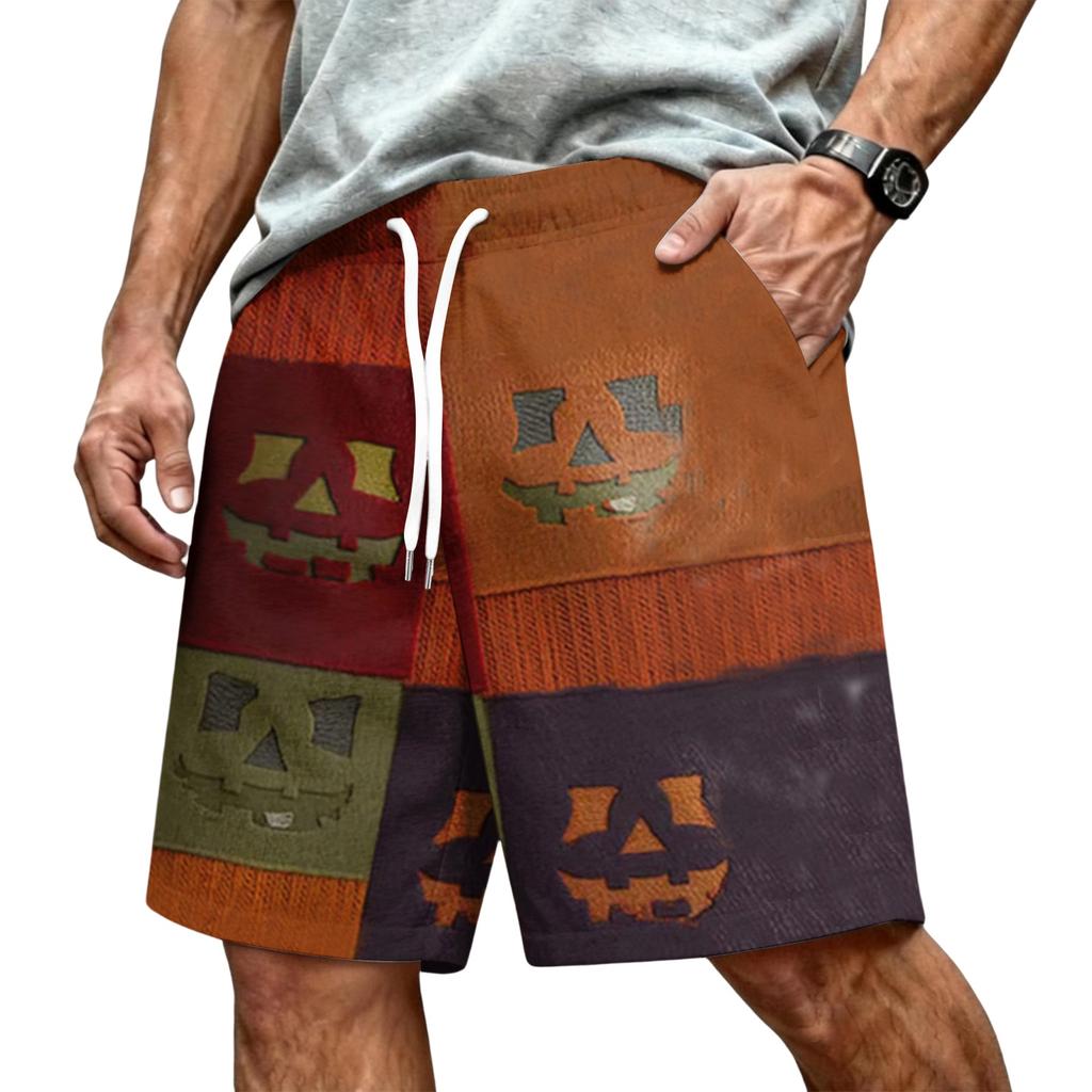 Men Casual Drawstring Waist Shorts Halloween Pumpkin Print Relaxed Fit Lightweight Comfortable Beach Shorts