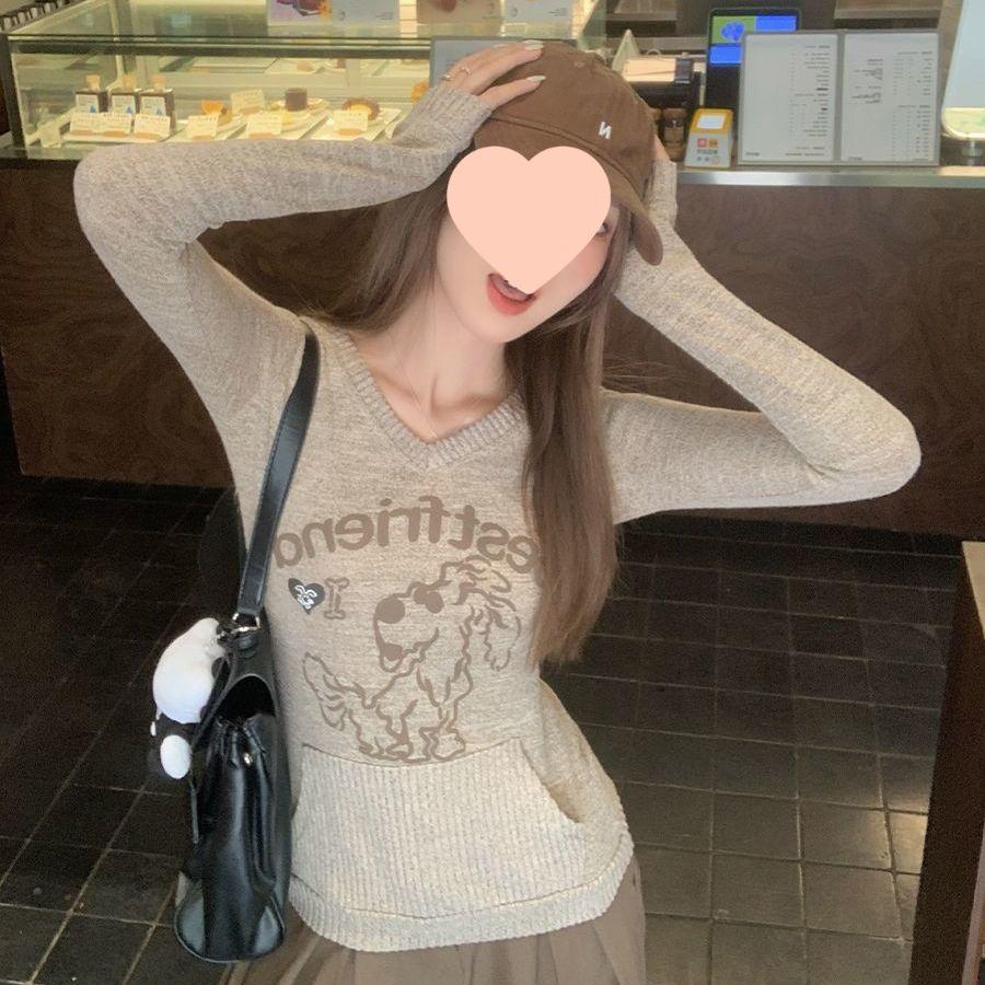 

Little Diary Korean Style Puppy Print Hooded Knitted Top for Women, Autumn Winter Slim Fit XL, Sleeve 63cm