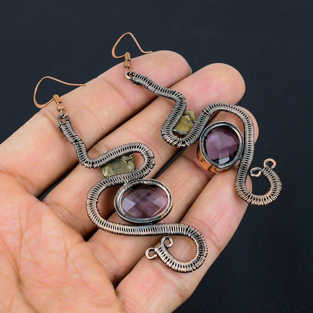 Faceted Amethyst Earrings, 999 Copper Wire Wrapped Gemstone Jewelry, Handmade Earrings, For Thanksgiving