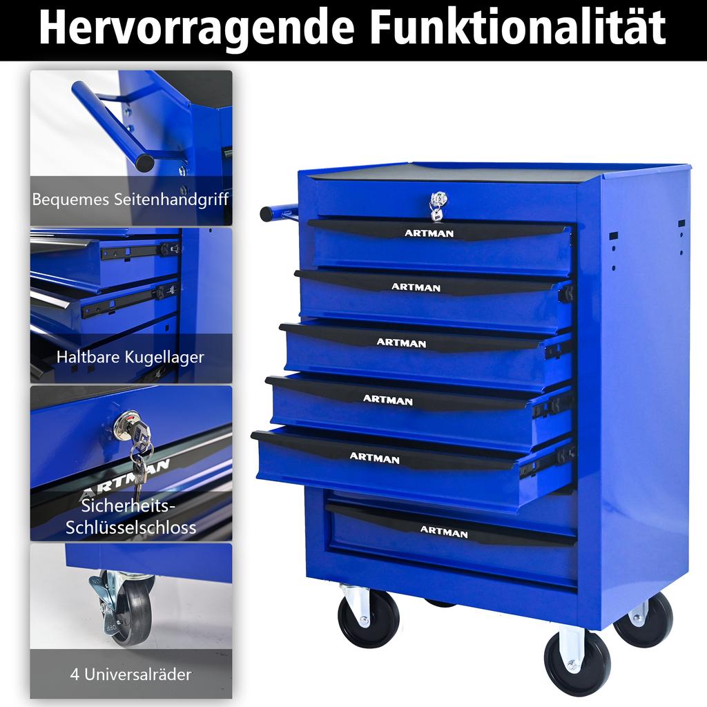 Mobile metal tool cabinet with 7 drawers, 508 mm (20 inch) and ball-bearing drawer slides, organizing steel tool box – black-blue