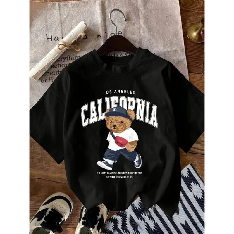 Women's Cute Bear Print 200G Heavyweight Cotton Crew Neck Loose Short Sleeve T-Shirt Casual Summer Top