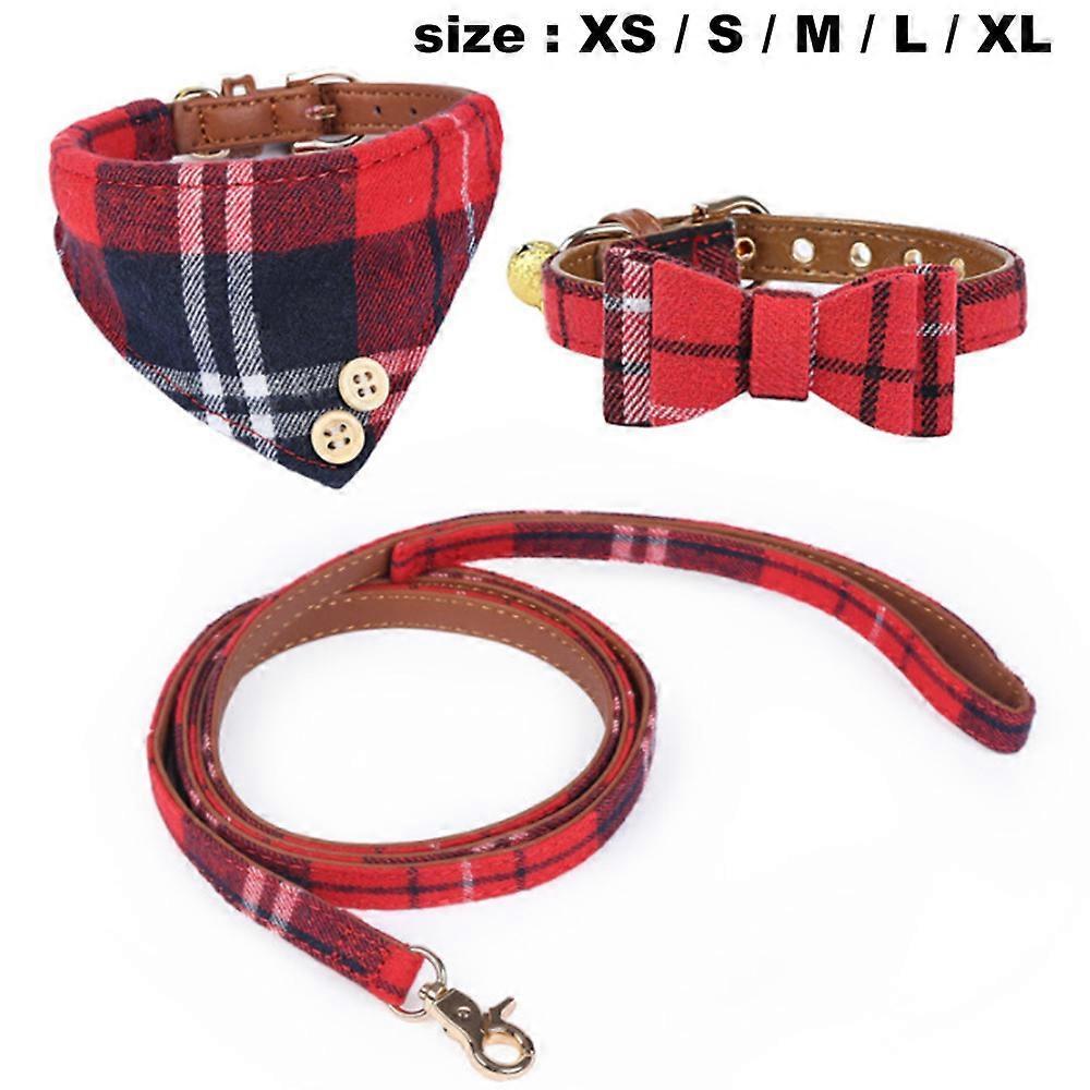 3 Piece Bowtie Dog Collar And Leash Set, Adjustable Plaid Dog Bowtie Collar Set
