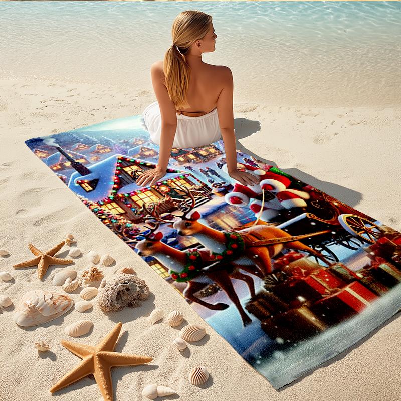1Pc Christmas Village Scene Beach Towel, Quick Dry, Multi-Use for Beach Pool Gym Yoga Home Travel, Christmas, Halloween, Xmas Gift S212