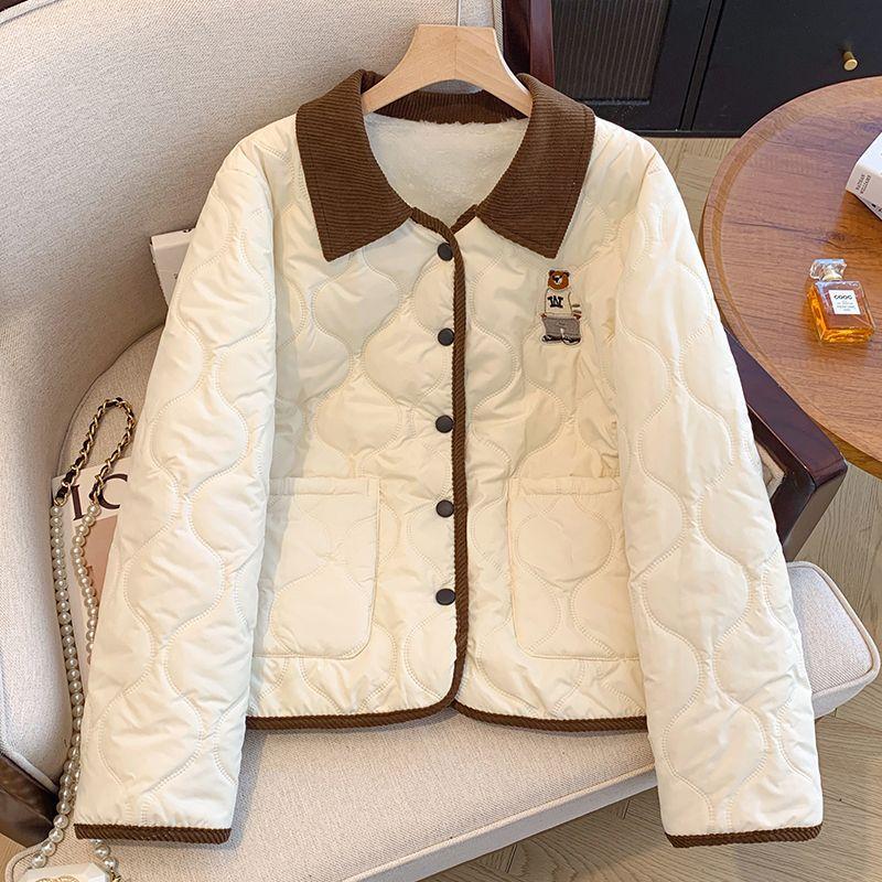 Cute Bear Embroidery and Stylish Contrasting Collar On Women's Cotton Jacket, Keeping You Warm and Trendy In Winter
