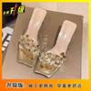 Middle Heel Square Head 2025 Summer New Rhinestone Korean Version Fashion Thick Bottom Casual Transparent Belt Women's Foot Cool Slippers