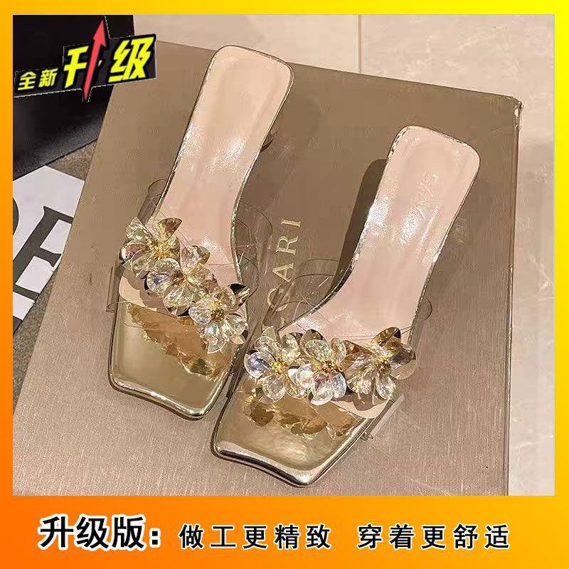 Middle Heel Square Head 2025 Summer New Rhinestone Korean Version Fashion Thick Bottom Casual Transparent Belt Women's Foot Cool Slippers