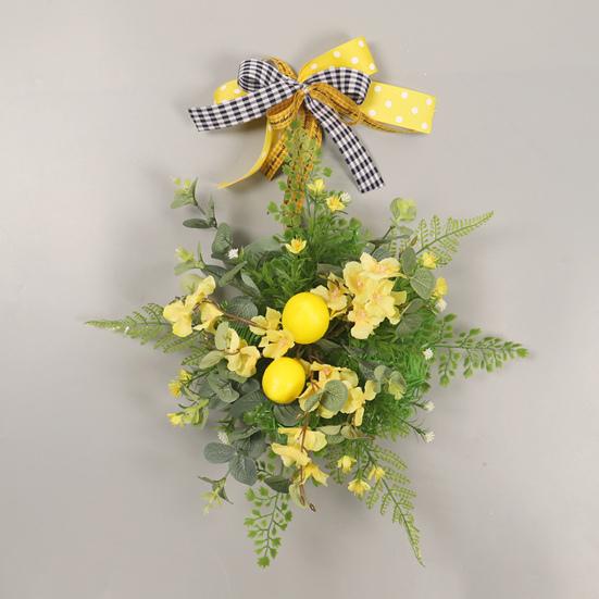 

Artificial Wreath with Plaid Dot Ribbon Easy Care Colorfast Housewarming Gift Non-withered Spring Front Door Artificial Lemon Garland Home Decor жёлтый