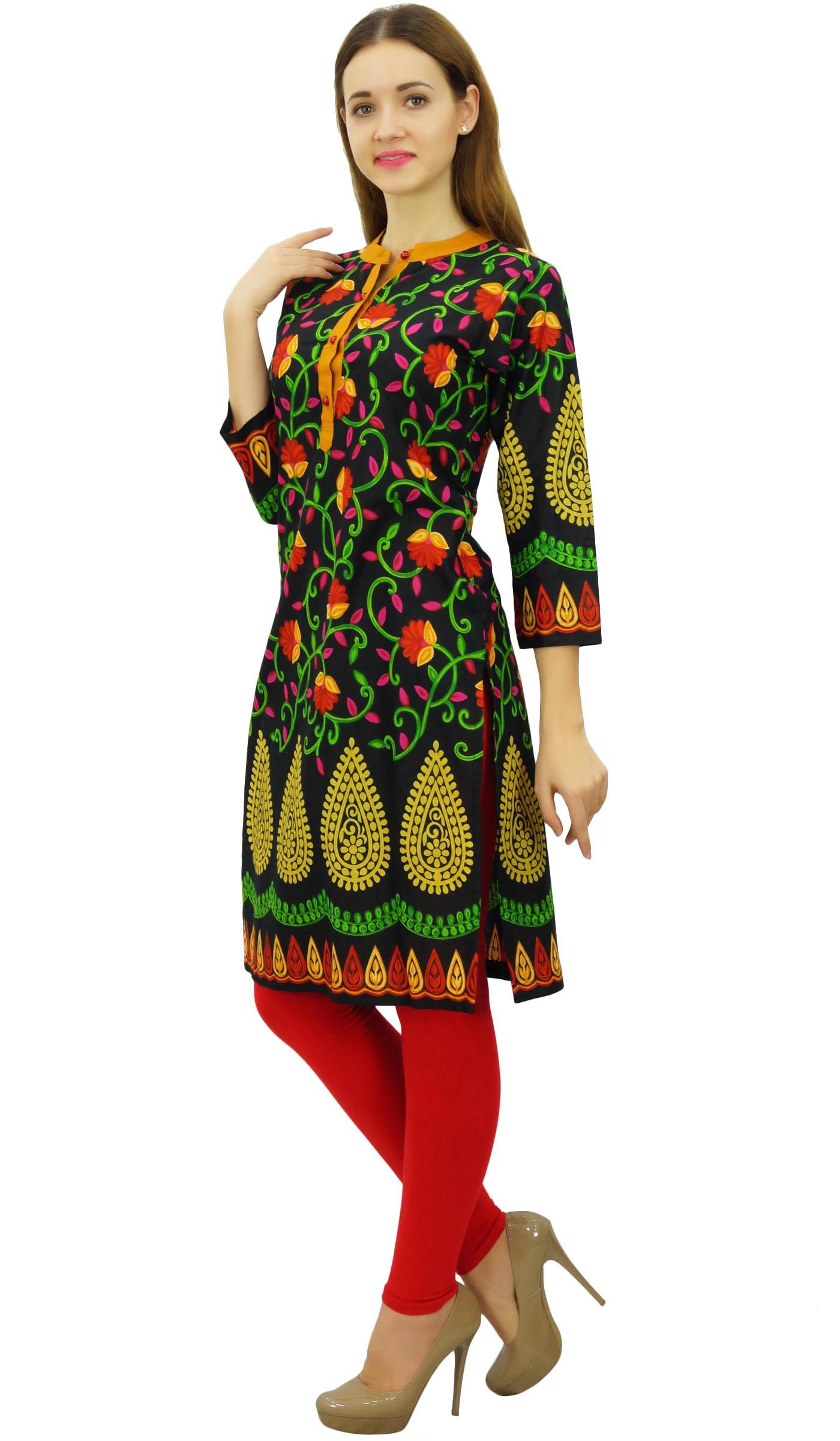 

Phagun Women s Printed Blouse Tunic 3 4 Sleeve Black Kurta Ethnic Clothing - 8 чорний