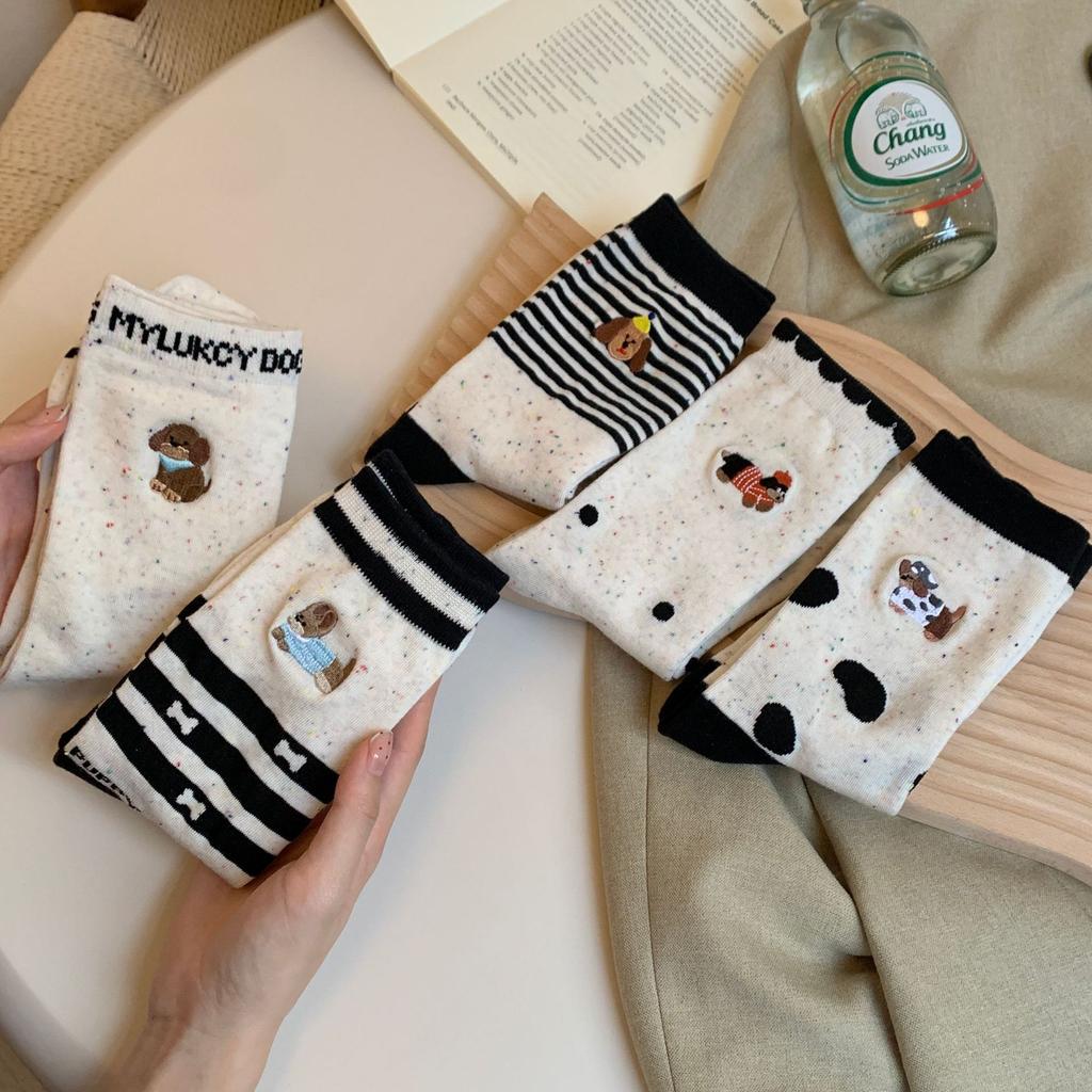 Socks, Medium-Legged Cotton Socks, Embroidered Dachshund Cartoon Color-Blocking Pattern, Versatile, Breathable, Casual Sports