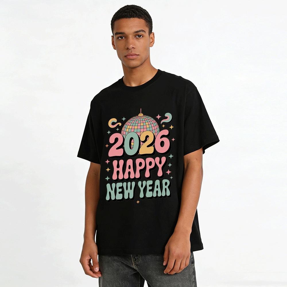 2026 Happy New Year Retro Disco Ball Graphic Casual Top Pure Cotton T-shirt