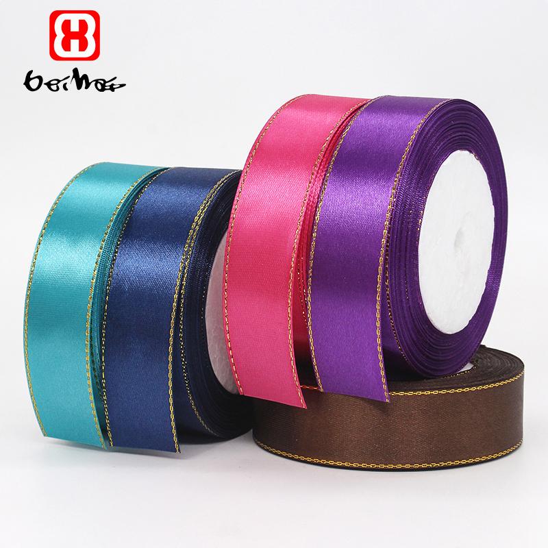 Gift Satin Ribbons Wholesaler 1inch 100% Polyester Christmas Ribbon Gold Wired Edged Satin Ribbon Roll Accept Print Logo