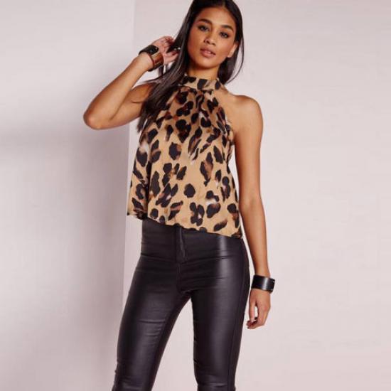 Women Fashion Sexy Summer Sleeveless Off Shoulder Leopard Halter Blouse Top