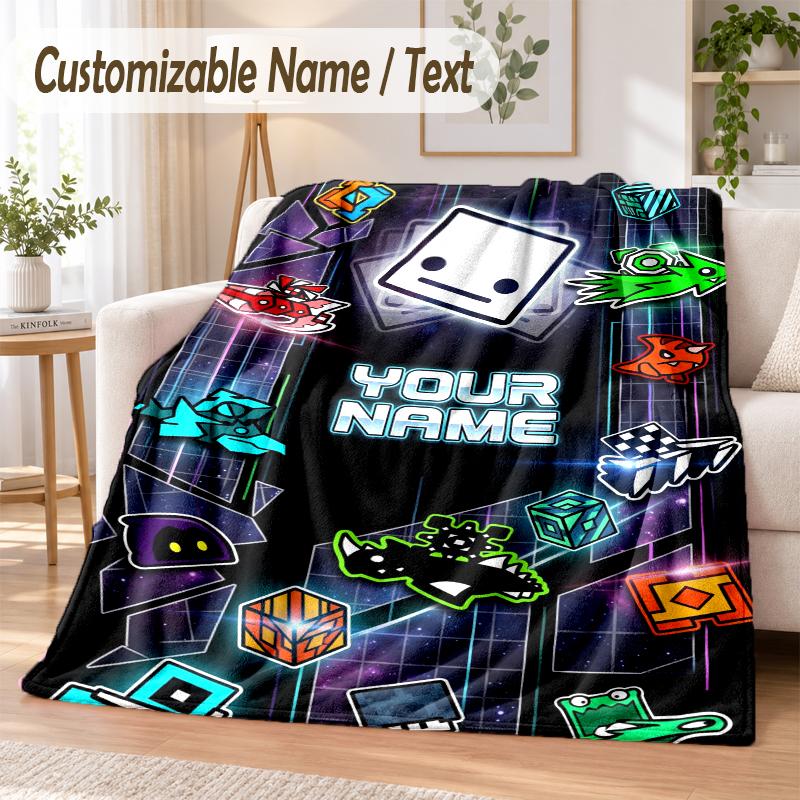 Geometry Dash Custom Name Flannel Throw Blanket Soft Warm for Sofa Bed Indoor Home Use