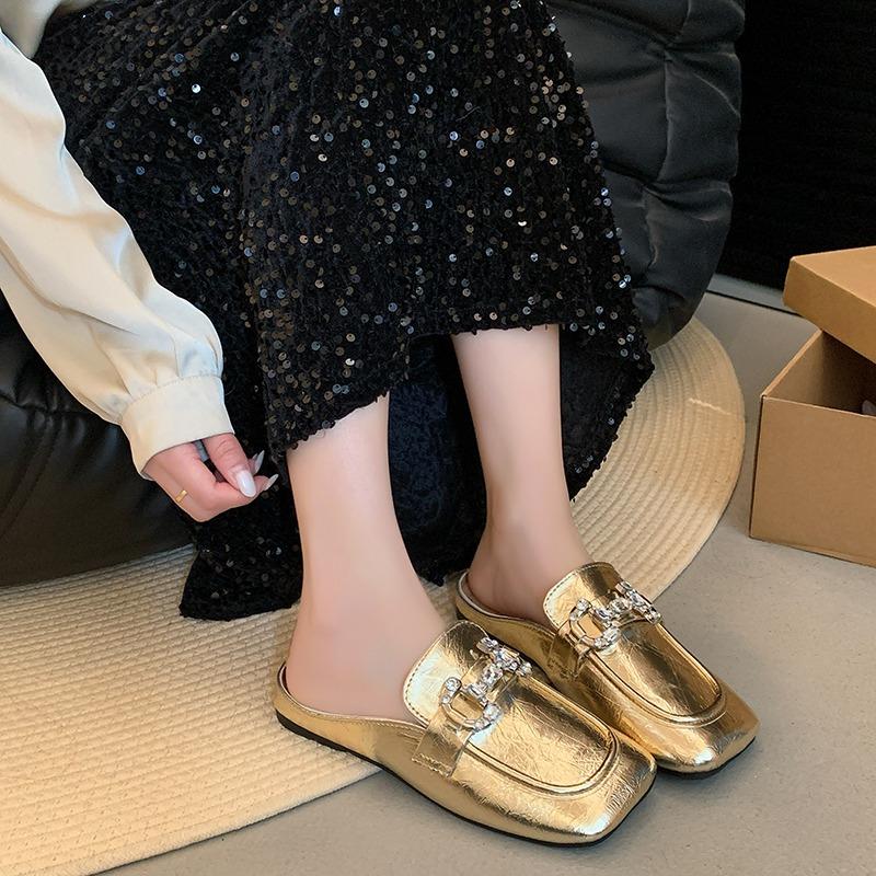 Slippers Women's Fashion Square Head Shallow Mouth Crystal Metal Buckle Soft Sole Anti-slip Wear-resistant Flat Shoes