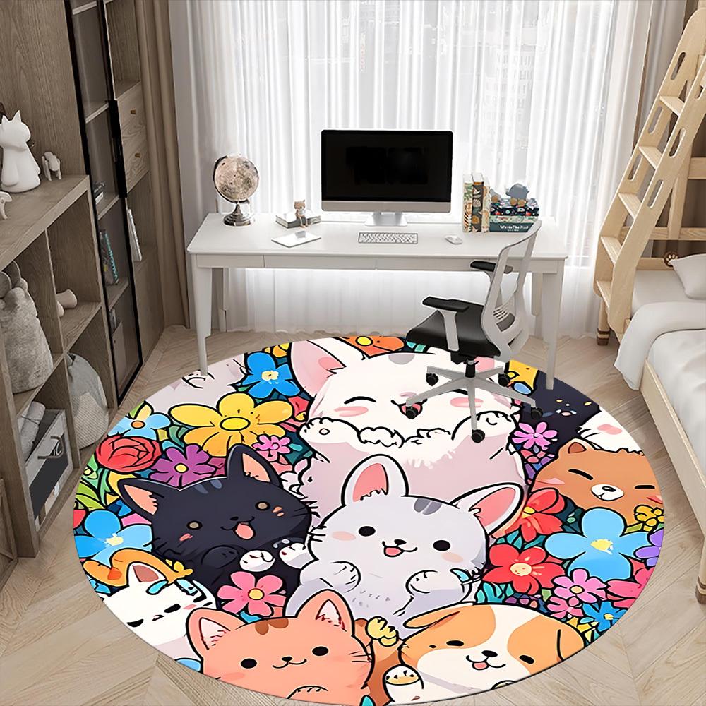 1pc Kitties Flowers Office Round Area Rug, Indoor Mat Suitable ForOffice, Under Office Chairs Bedroom Living Room Home Decor, Room Deco n78