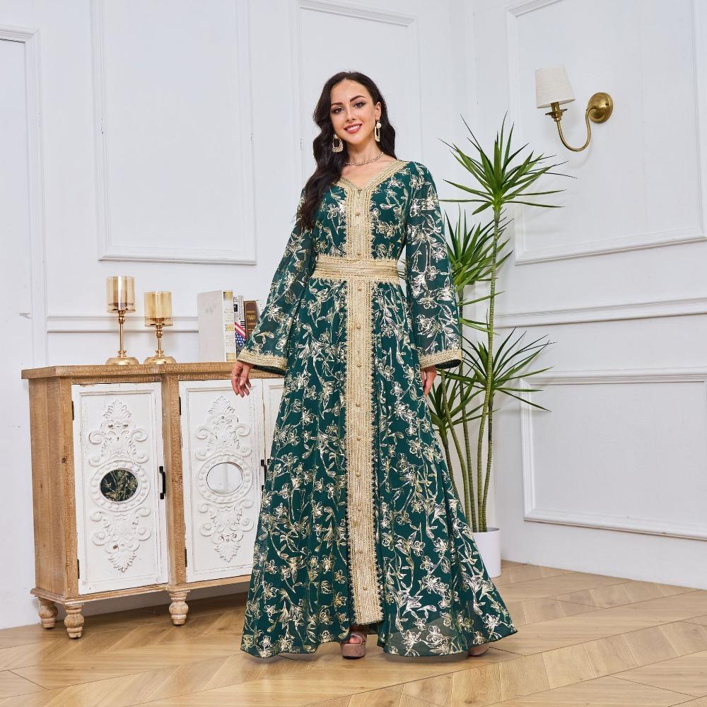 Women's Evening Gown: Stylish Long Dress Featuring Textured Floral Patterns and Gold Foil Accents
