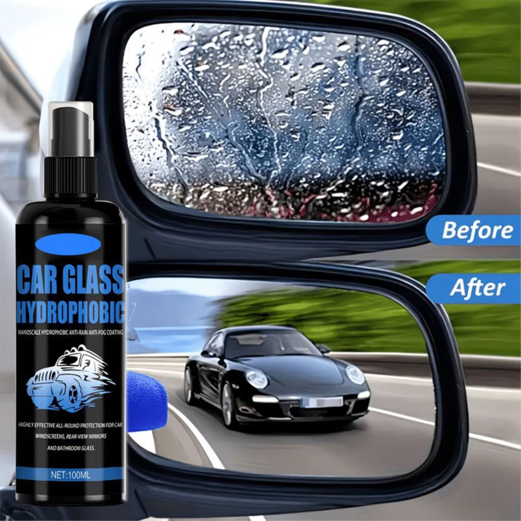 Car Glass Hydrophobic Water Repellent Spray 100ml with Microfiber Cleaning Cloth for Automotive Windshield and Window Protection