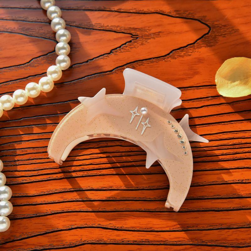 1pc New Ramadan Starry Sky Moon Dreamy Gripper Water Diamond Premium Feel Acetate Hairpin Curved Moon Pearl Shark Clip