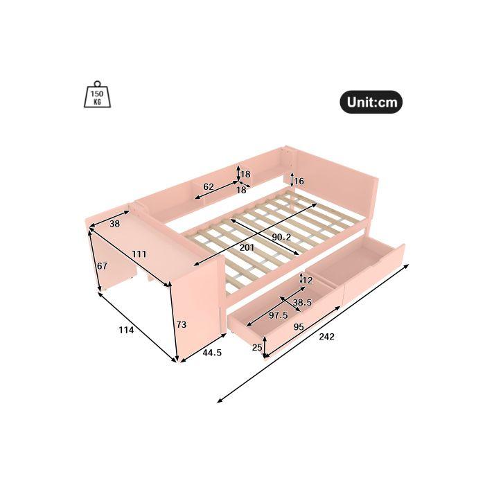 Lit simple - Bois - 90x200 cm - Rose - Avec bureau - 2 tiroirs de rangement