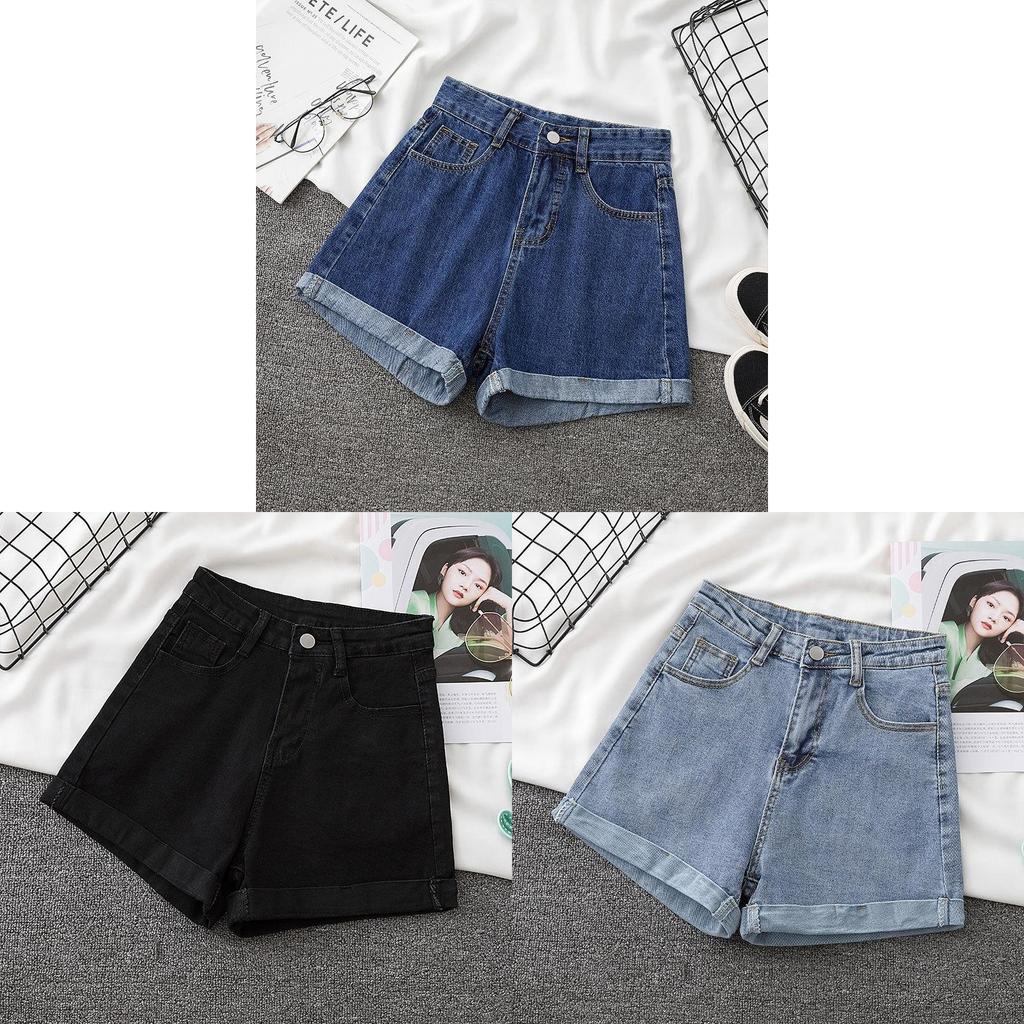 Basic-Baumwoll-Denim-Shorts für Damen, Sommer, hoher Bund mit umgeschlagenen Kanten, Freizeitkleidung