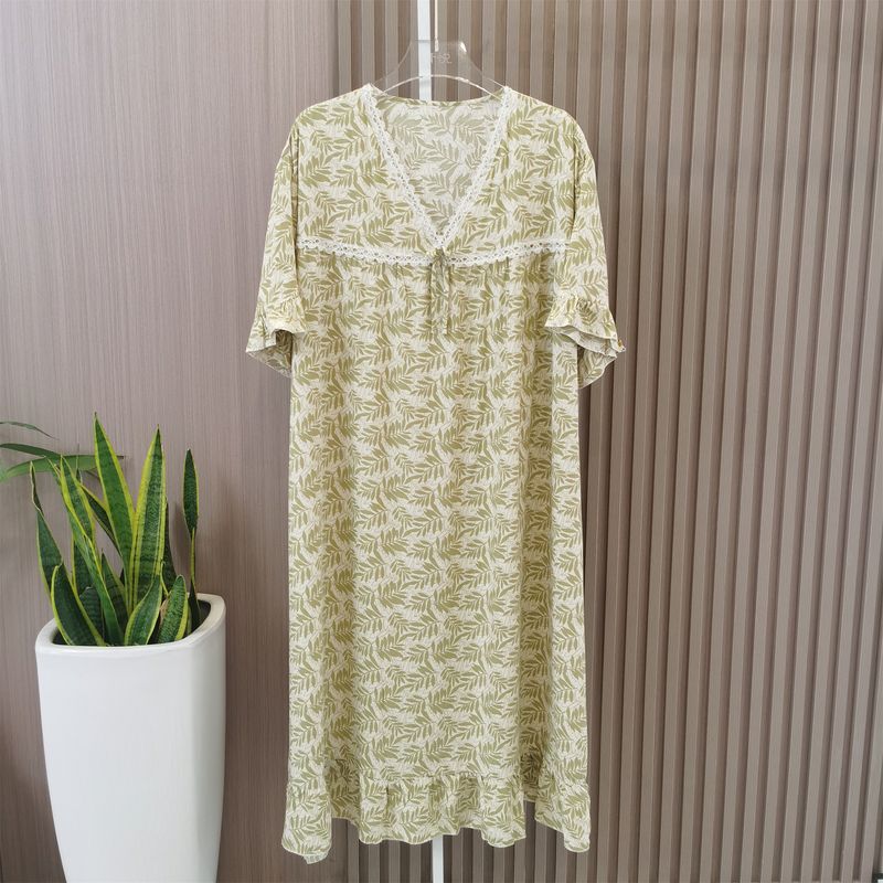 

Women s Short-Sleeved Nightdress Summer Thin Nipple Coverage Poplin Pajamas Homewear Japanese Style Girl plus Size Long Bourette Dress Yellow V Neck One size