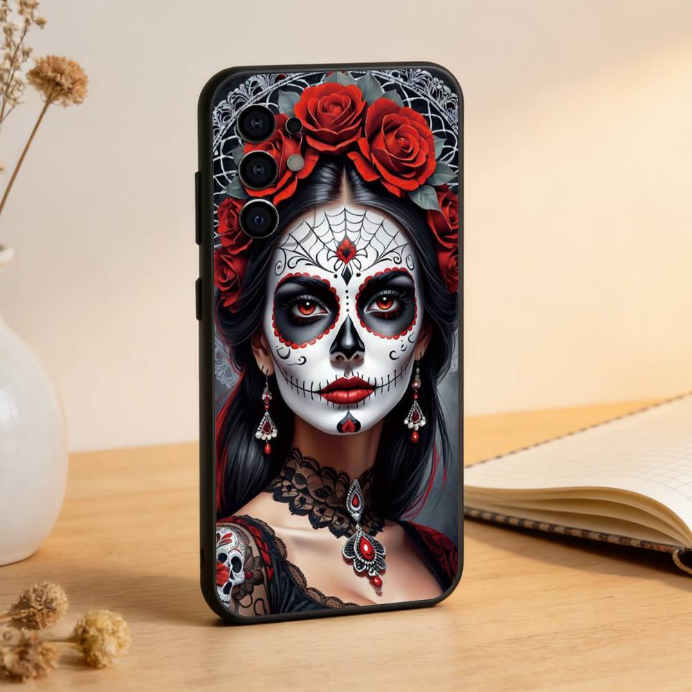Mexican Catrina Skull Girl Phone Case For Samsung S25,S24,S21,S22,S23,S30,Ultra,S20,Plus,Fe,Soft Silicone Black Cover