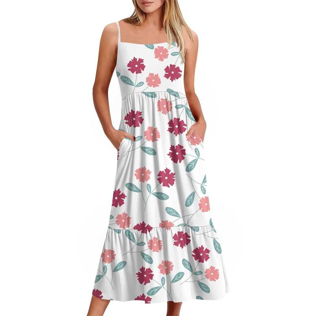 Kvinners Lang Strand Casual Elegant Spaghettistropp Maxi Kjole Blomstret Diskret Flytende Bohemsk Kjole