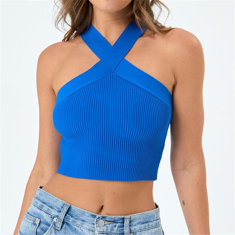 2024 Spring/Summer Women's Knitted Backless Cross Halter Strap Bralette Sweater Tank Top