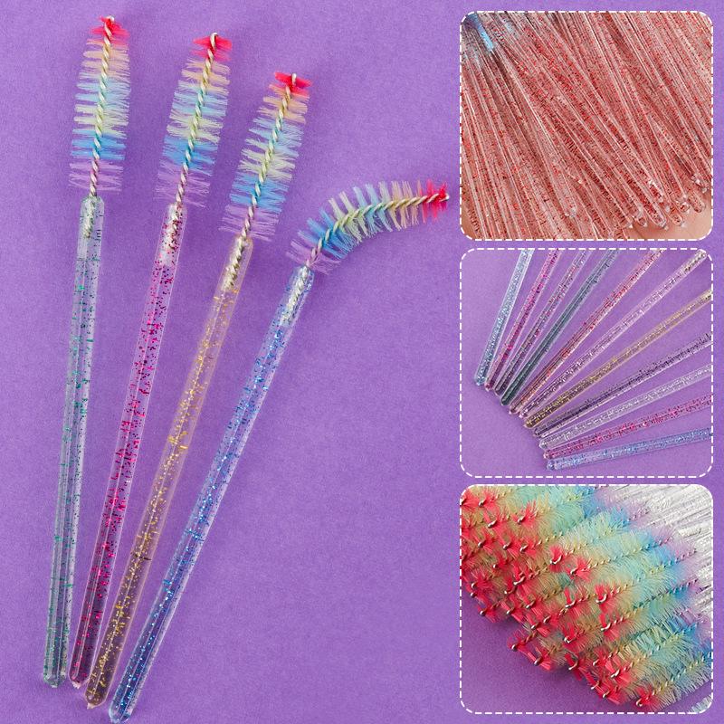 Rainbow Crystal Rod Makeup Brushes & Eyebrow Comb Set - 50 pcs, with Eyelash Curler and Brush.
