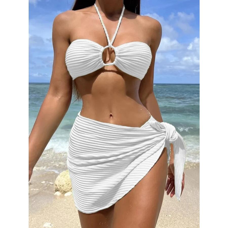 

2025 Solid Halter String 3 Piece Bikini String Skirt Купальник женский купальник женский купальный костюм для купания купальный костюм пляжная одежда L белый