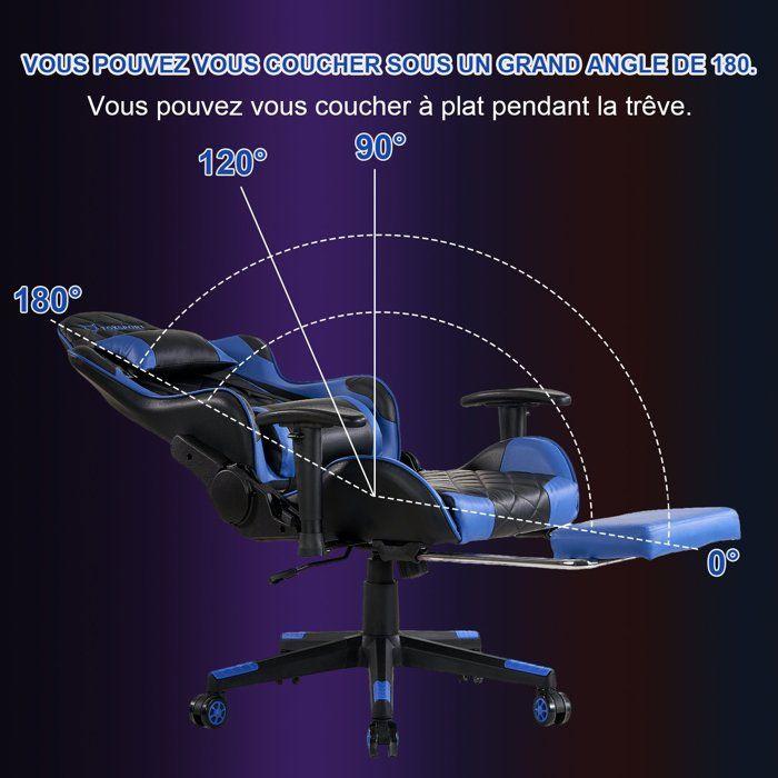 FOXSPORT Fauteuil gamer-Ergonomique Avec Support Lombaire, Appui-tête Et Repose-pied, Hauteur Réglable Inclinable 90 °-180 °-Bleu