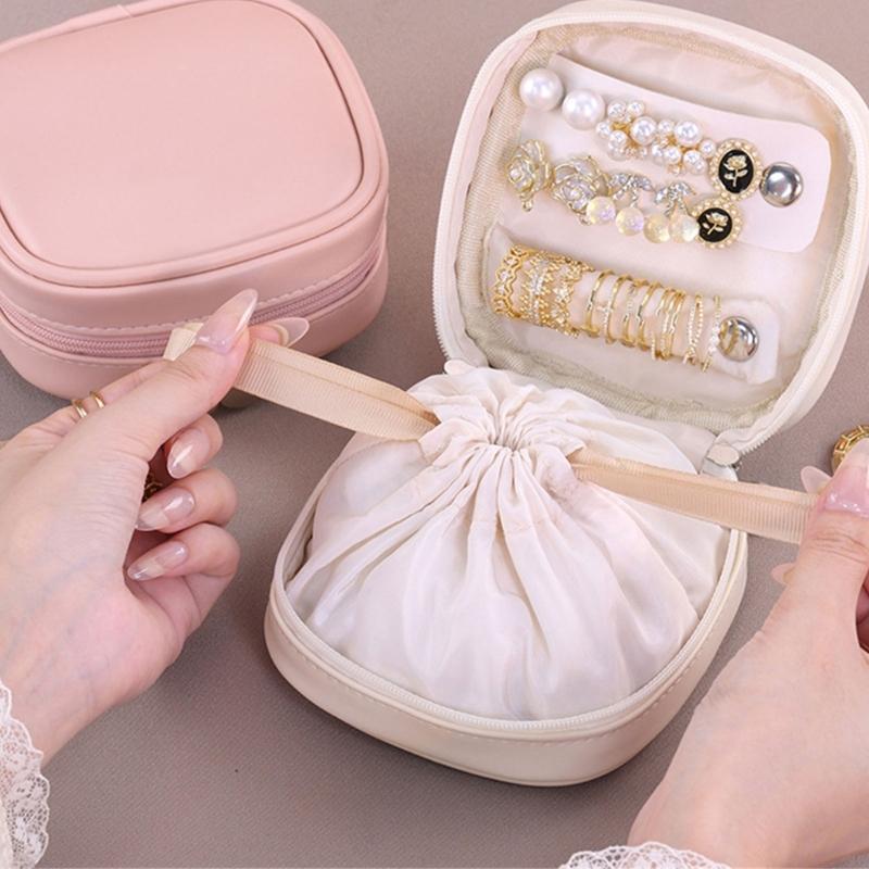 Leather Jewelry Storage Bag With Adjustable Drawstring Design Safely Holds Earrings Necklaces Rings Portable Organizers